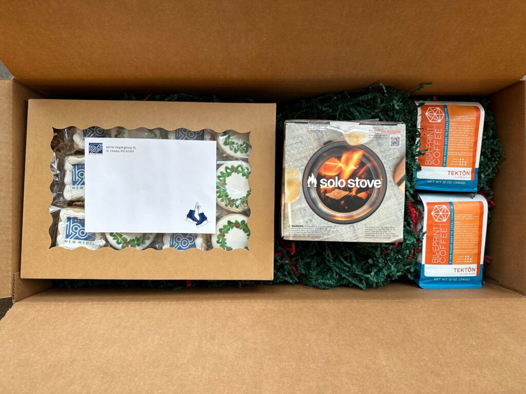 Client appreciation holiday giftbox with coffee, branded cookies and mini Solo stove