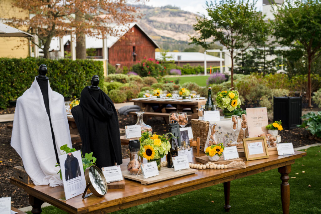 client appreciation gifting suite in a rural setting with sunflowers and high end gifts.