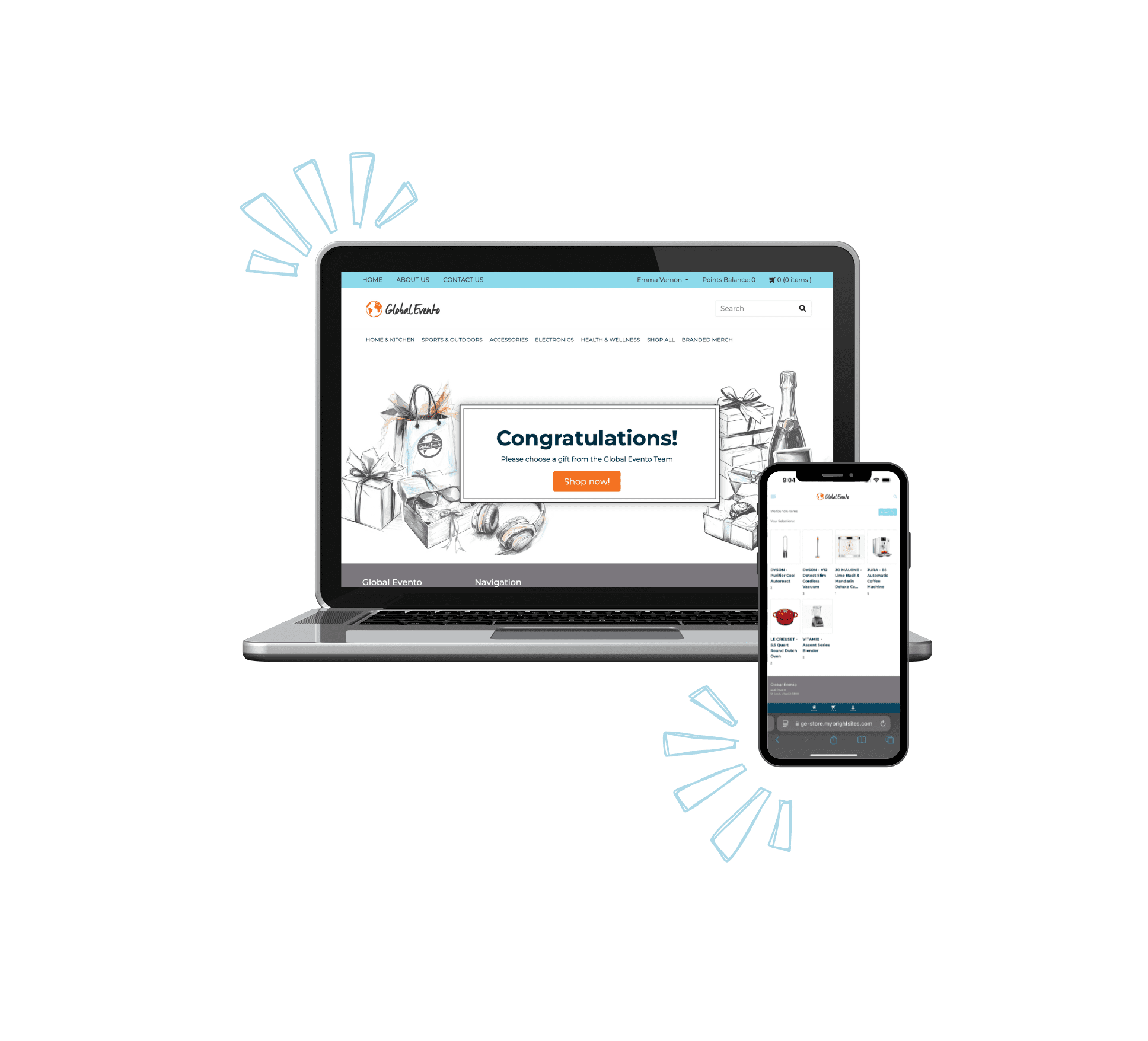Image shows a mockup of what a gifting website looks like on a laptop screen and phone screen.