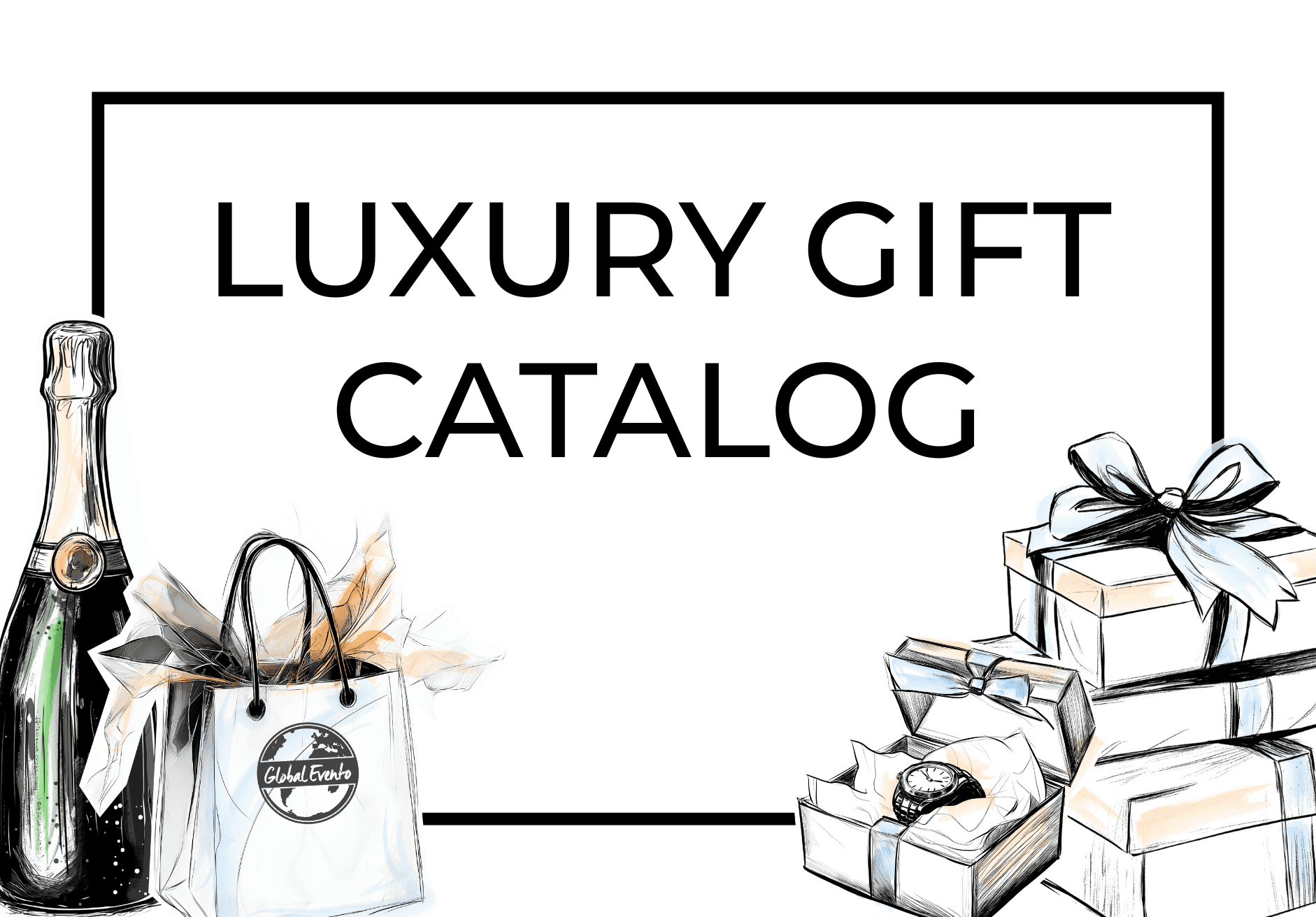 Luxury Gift Catalog with sketches of gift boxes, gift bag and champagne bottle.